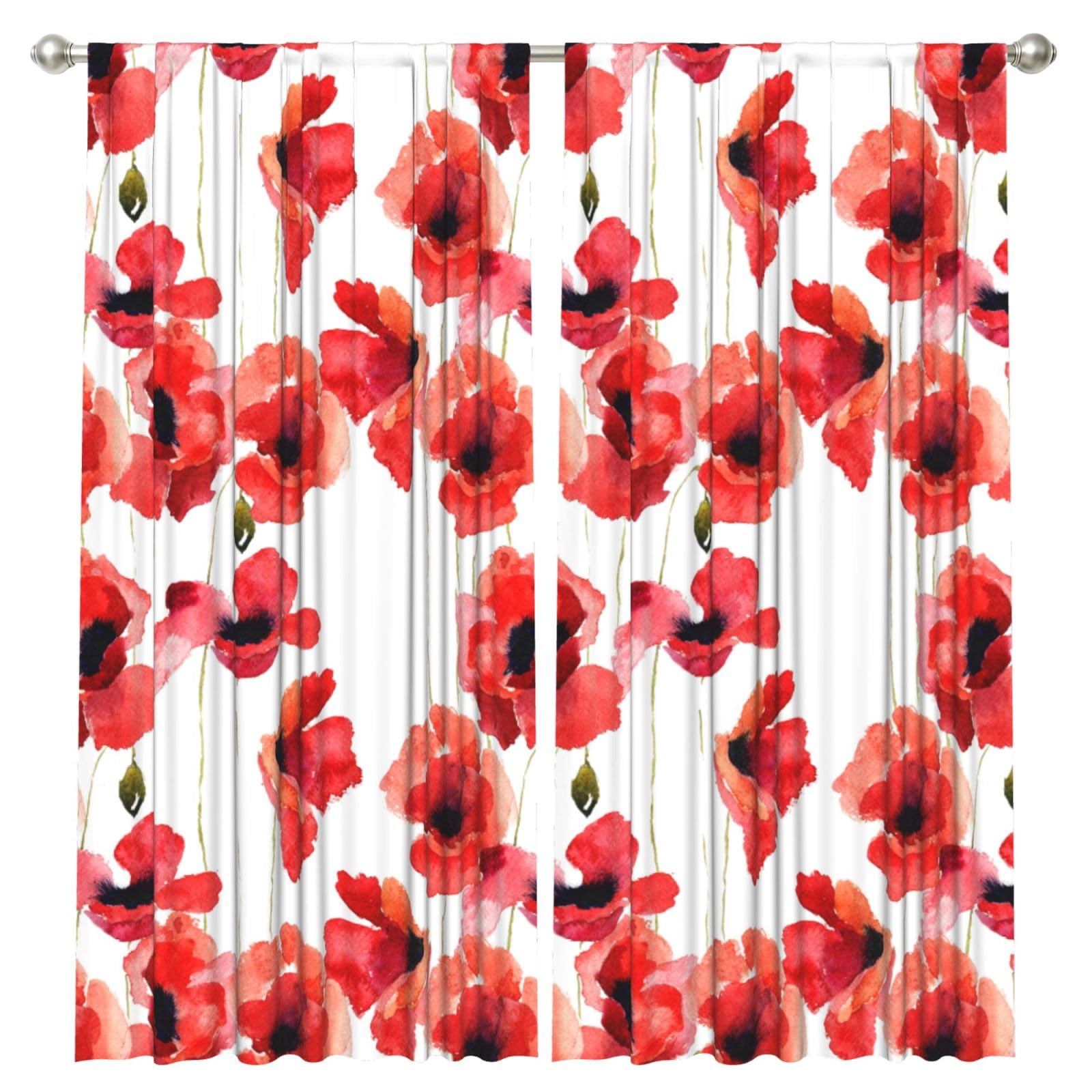 InOmak Watercolor Poppies, 2 Panels Window Curtains 52 x 84 Inch Blackout Curtains for Living Room Bedroom
