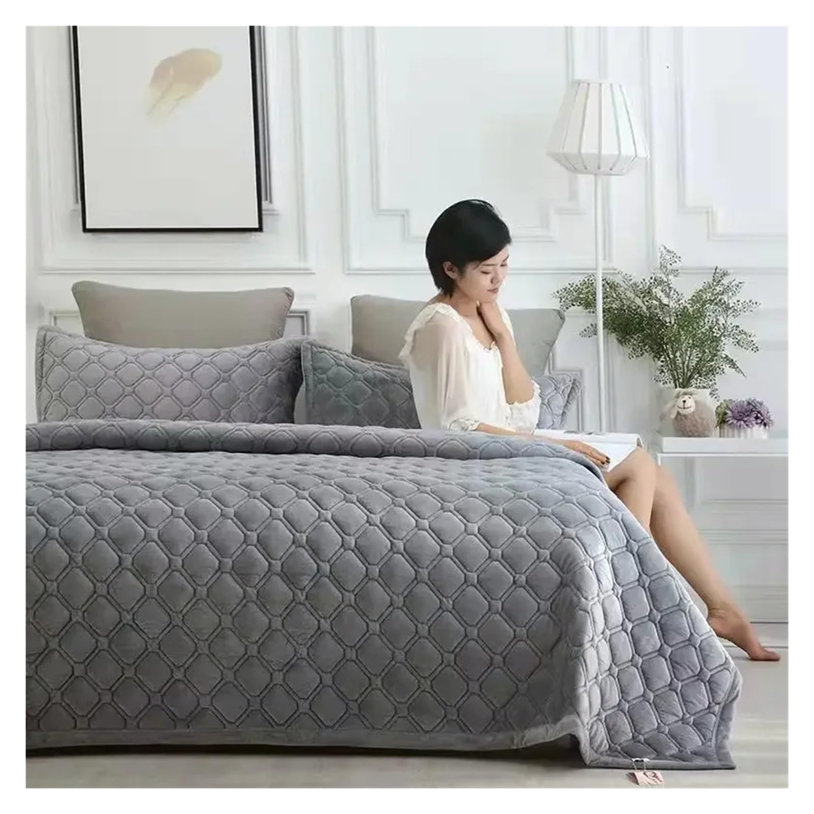 Bedspread Soft Quilted Bed Linens for Winter Warm Blanket Cover Coverlet(Grey,1pc 150x200cm)