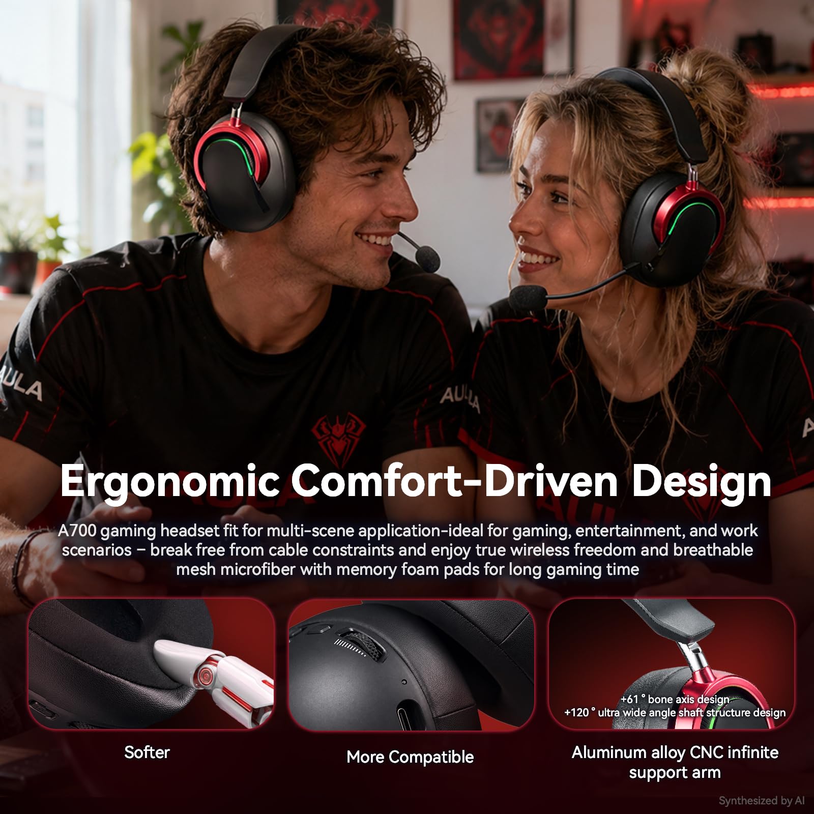Auriculares inalámbricos para juegos de PC con micrófono y cancelación de ruido, multiplataforma, sonido envolvente 7.1, controladores de 50 mm, RGB, marco de aluminio, almohadillas de espuma