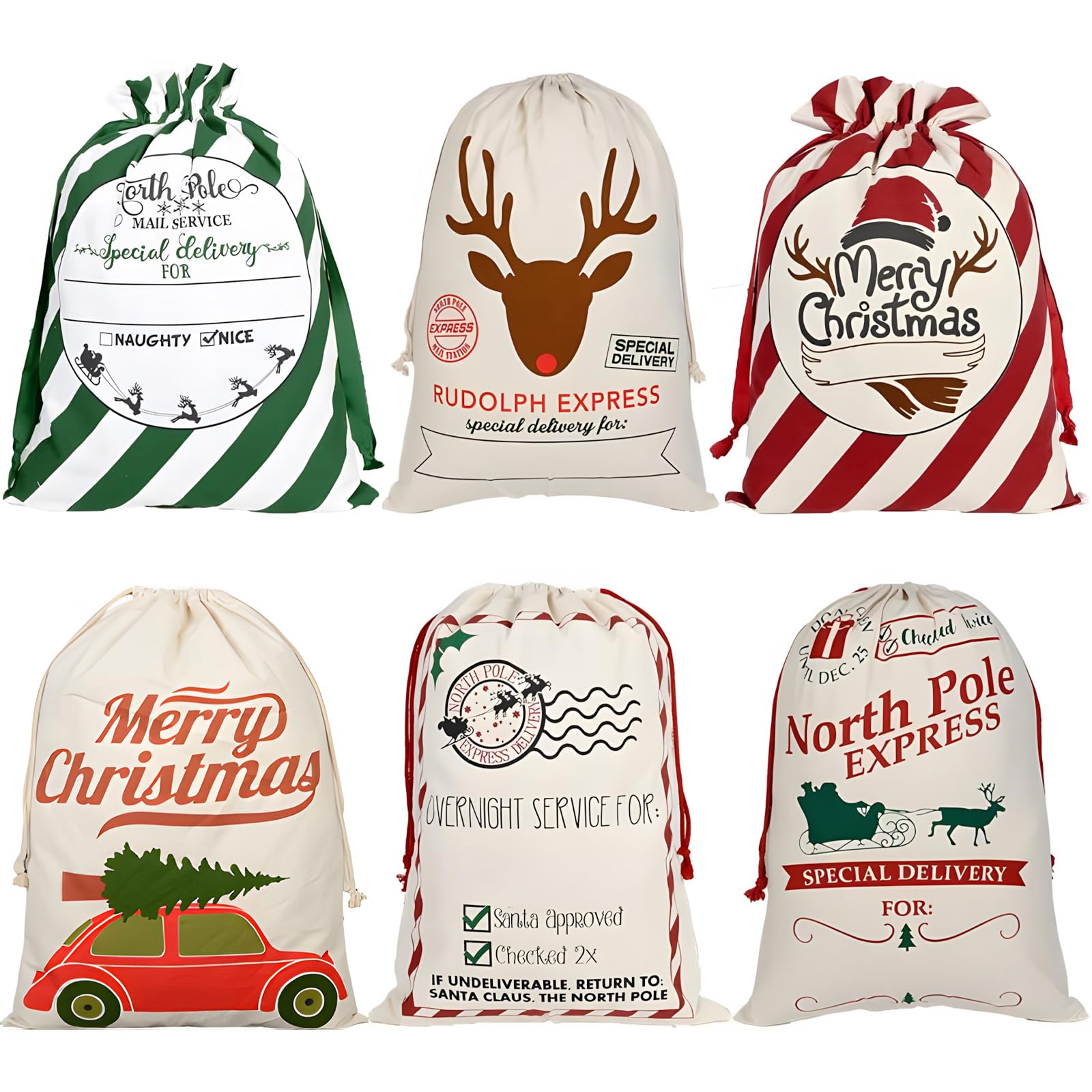 LDIWEE Paquete de 6 bolsas de lona de Navidad, bolsas de regalo reutilizables grandes con cordones, bolsas de regalo personalizadas para Navidad, Acción de Gracias, Año Nuevo, suministros de fiesta