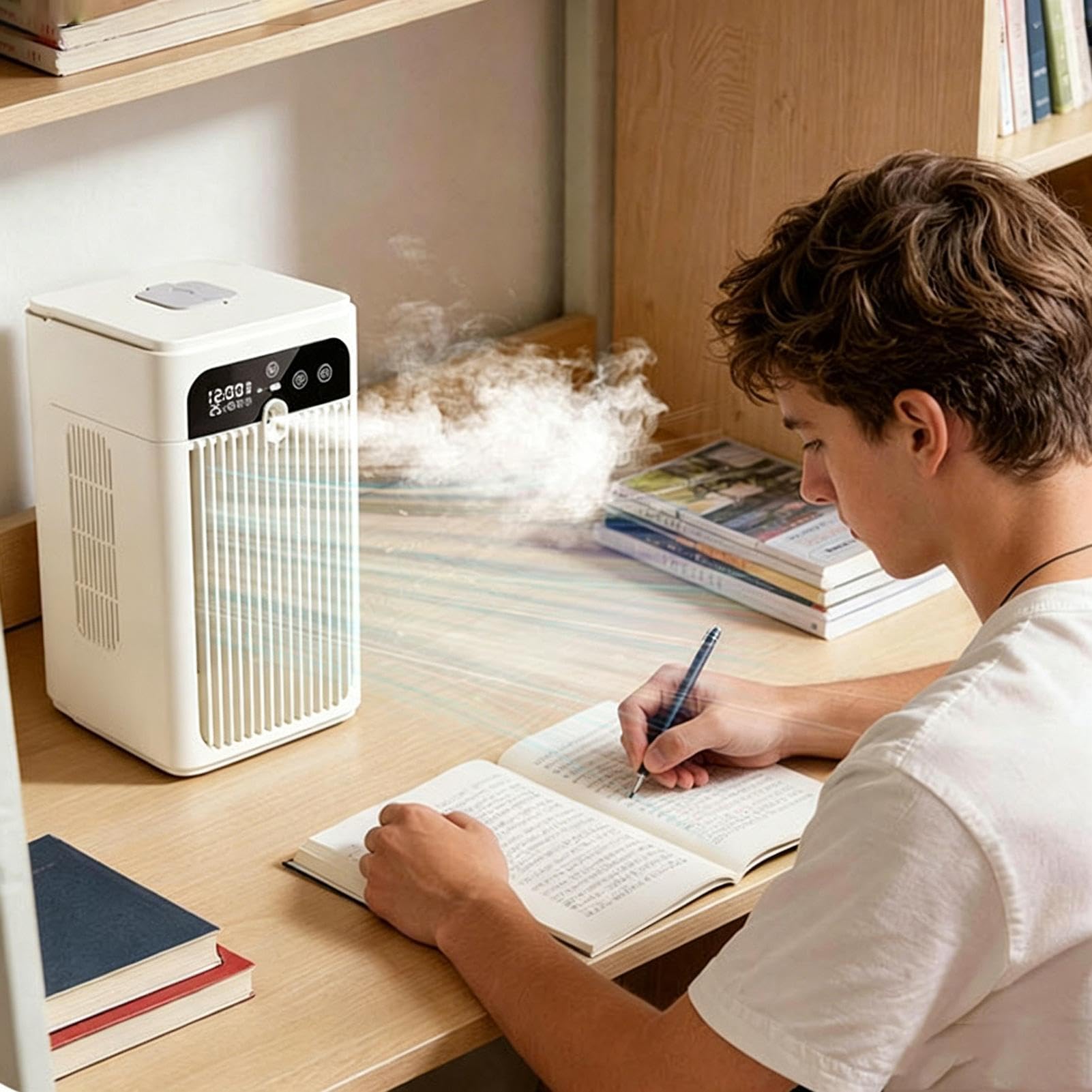 Raffrescatore d’Aria Evaporativo, Ventilatore di Raffreddamento da Scrivania Portatile con Regolazione della Velocità del Vento e Umidificazione, Timer da 1 a 10 h e Serbatoio d’Acqua da 500 ml