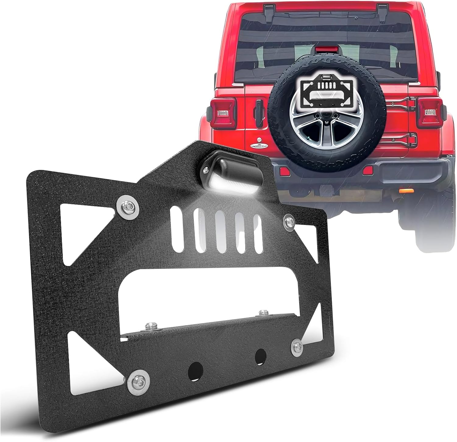 JL Spare Tire License Plate Frame with LED Light Compatible with 2018 2019 2020 2021 2022 2023 2024 2025 2026 Jeep Wrangler JL JLU Unlimited, Licence Bracket Holder Rear Relocation Mounting