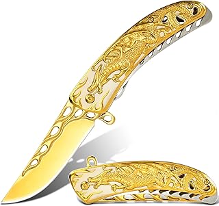 Vividstill Pocket Knife for Men, Cool Folding Knife With 3D Golden Dragon Embossed Relief, Great Gift Edc Knife For Men Outdoor Survival Camping