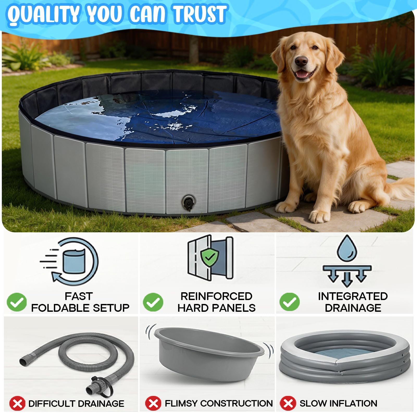 Bamda Foldable Dog Pool - 47" Kiddie Pool with Hard Plastic - Non-Slip Thickened Bottom Portable Pet Swimming Pool for Small Medium Large Dogs, Puppies & Kids(Gray) - image 4