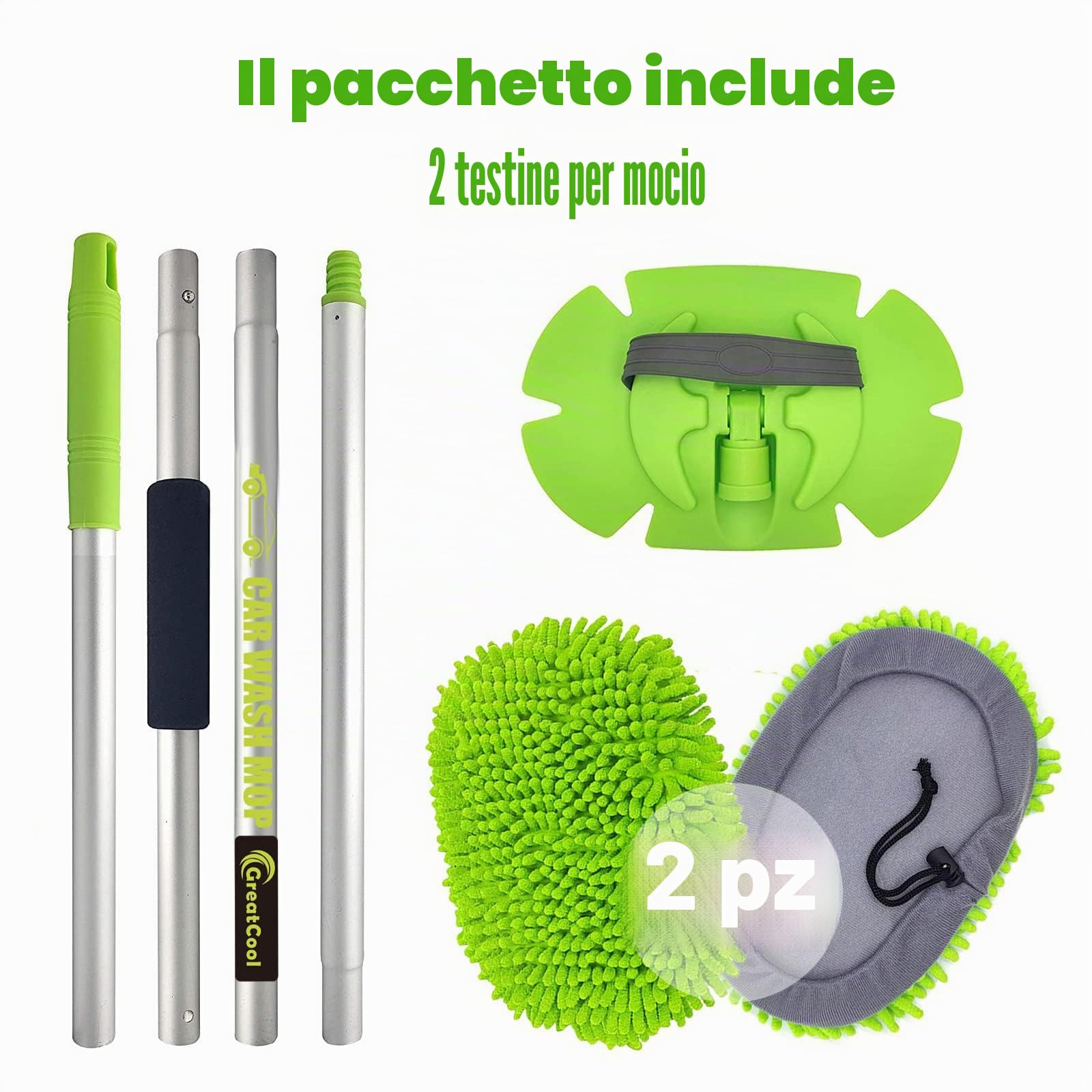 160cm Spazzola di Pulizia per Lavaggio Auto con Manico Lungo, 2 in 1 Microfibra Spazzolone per Autolavaggio Guanto Kit per Auto Camper Camion SUV, Non Danneggia Vernice (2 x Teste per Mocio)