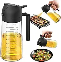 TrendPlain Pulverizador de azeite de oliva de vidro de 470 ml para cozinhar – Frasco dispensador de azeite 2 em 1 para utensílios de cozinha e acessórios de fritadeira de ar, salada, churrasco - preto