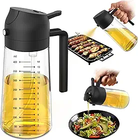 TrendPlain Pulverizador de azeite de oliva de vidro de 470 ml para cozinhar – Frasco dispensador de azeite 2 em 1 para utensílios de cozinha e acessórios de fritadeira de ar, salada, churrasco - preto