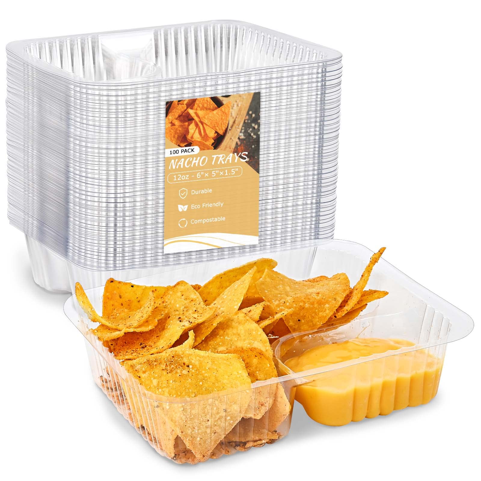 TOFLEN 12oz Plastic Nacho Trays Disposable (100-Count) Small Tray for Nachos and Dip, 2 Compartments Food Boats for Parties, Carnivals, Concession Stand Supplies, Movie Night Snack Containers