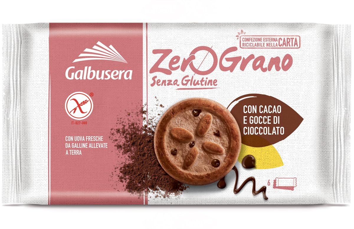 Galbusera ZeroGrano Frollini con Cacao e Gocce di Cioccolato, Senza Glutine e Lattosio (Gluten & Lactose Free) 220g [CAIYA® BOX da 8 Confezioni]