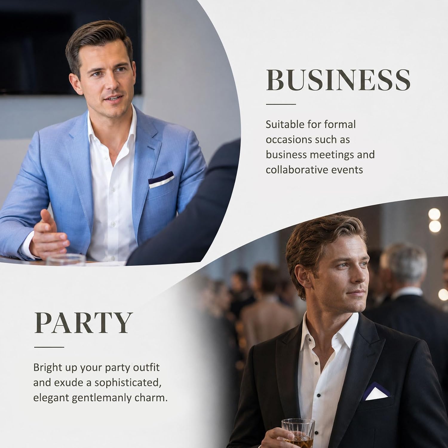 LJBFNN White Black Pocket Squares for Men 8.6'' Mens Handkerchiefs with Suit Pocket Square Holder for Wedding Party Business