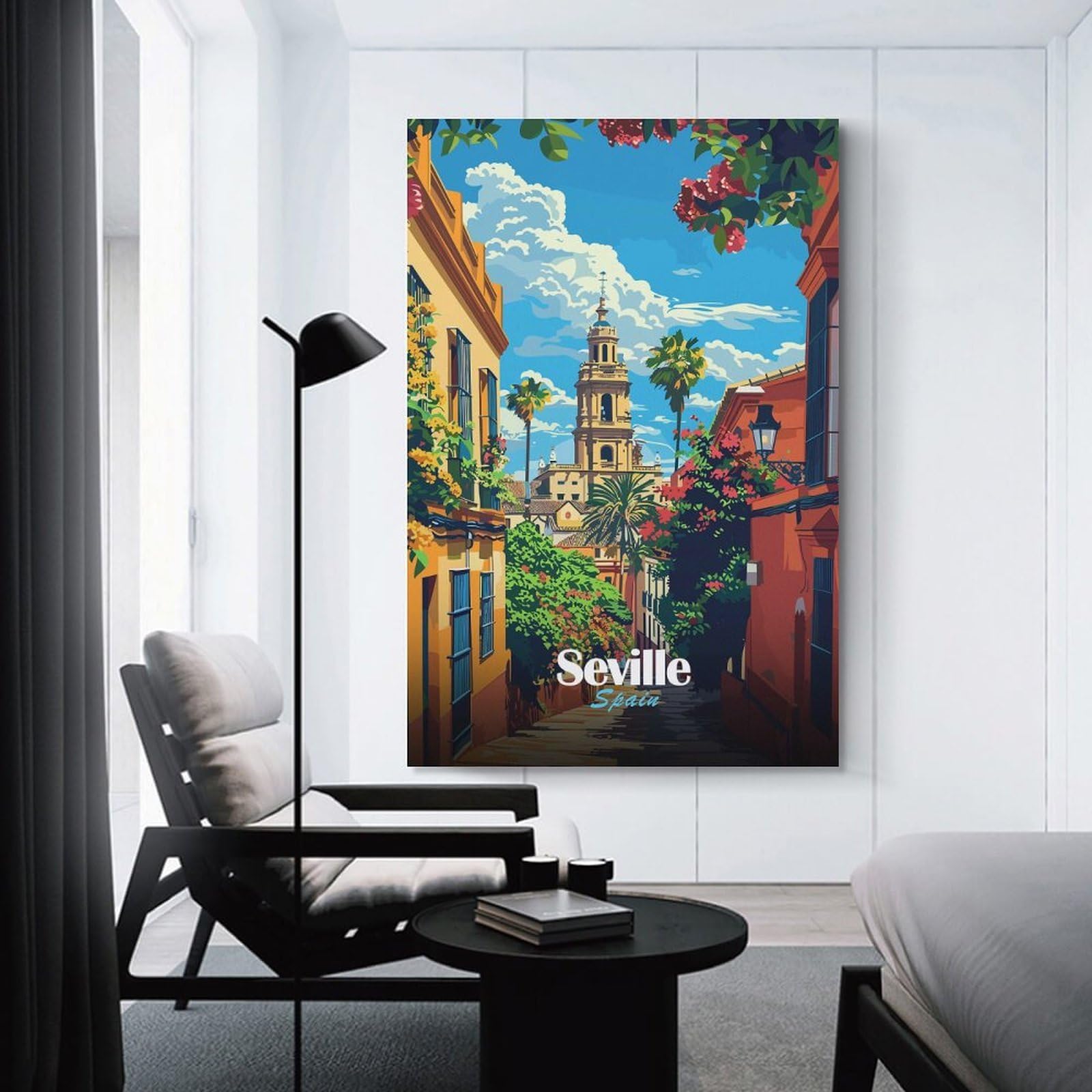 Junmoney Seville, Spain Street View Illustration Home Decor Wall Art, 20x30inch(50x75cm), for Work Areas, Reading Rooms Or Studios, An Interior Accent for Desk Areas