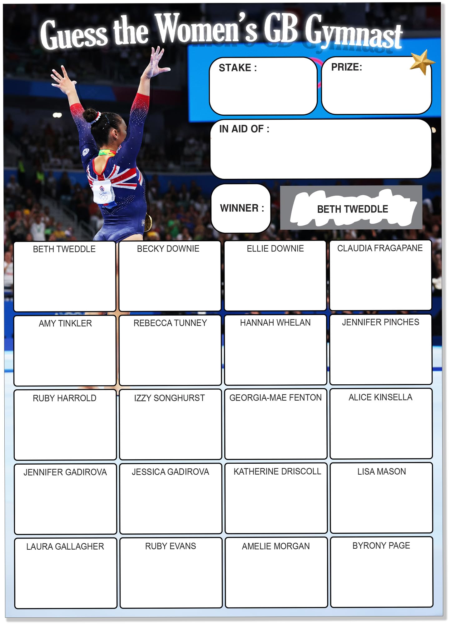 Pack of 10 Name the Women's GB Gymnast Fundraiser Cards - A5 Size - 20 Squares and Scratch Off Winner for Fundraising