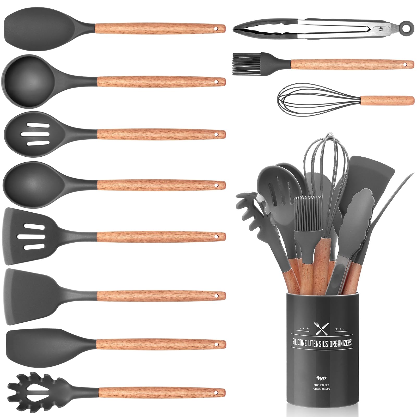 12 Stück Schwarz Küchenhelfer Set, Silikon Küchenutensilien Set, Antihaft Hitzebeständiger Holzgriff Kochbesteck mit Utensilienhalter, Silikonspatel Kochgeschirr Set