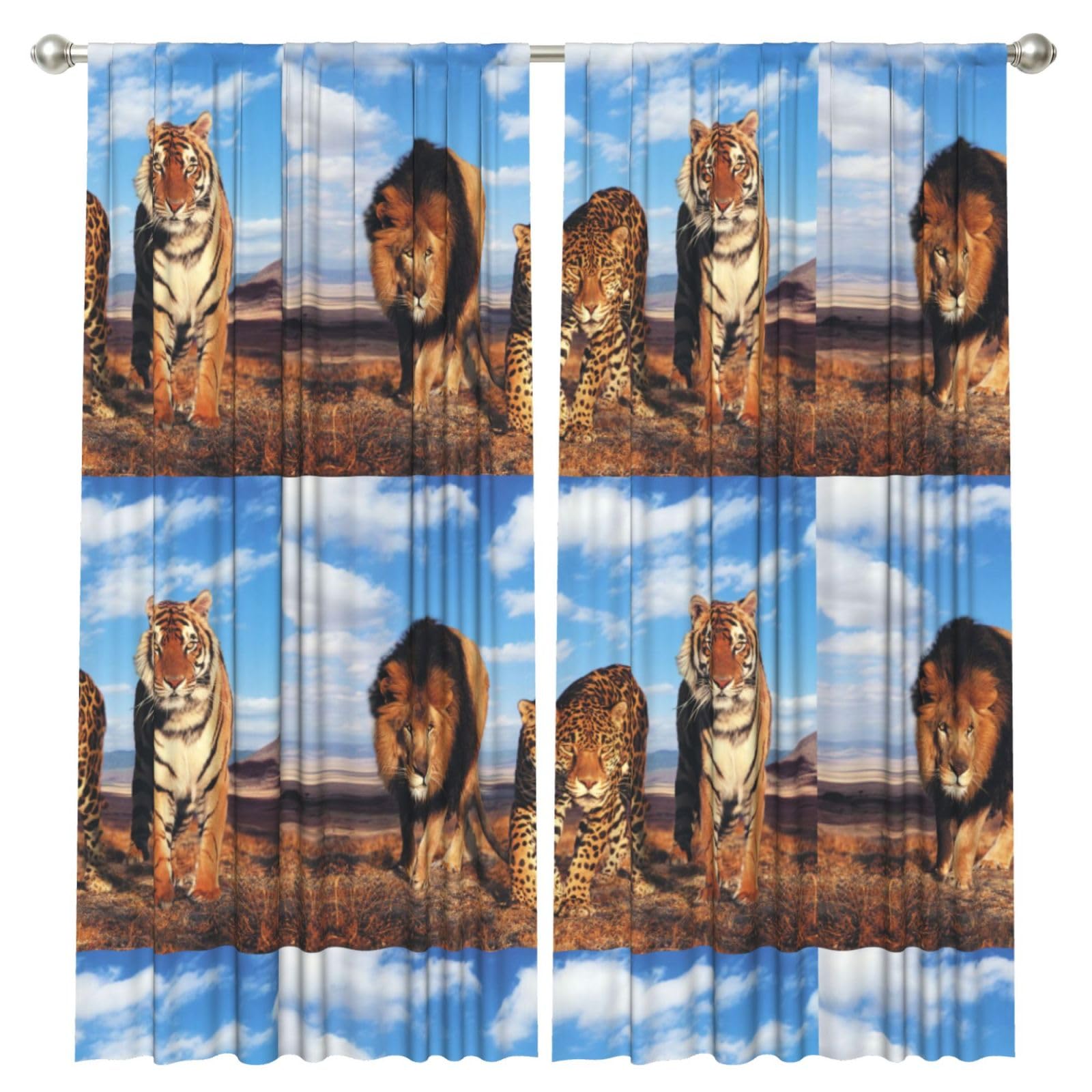 InOmak Lion Leopard And Tiger Fight For Food Printed, 2 Panels Window Curtains 52 x 84 Inch Blackout Curtains for Living Room Bedroom