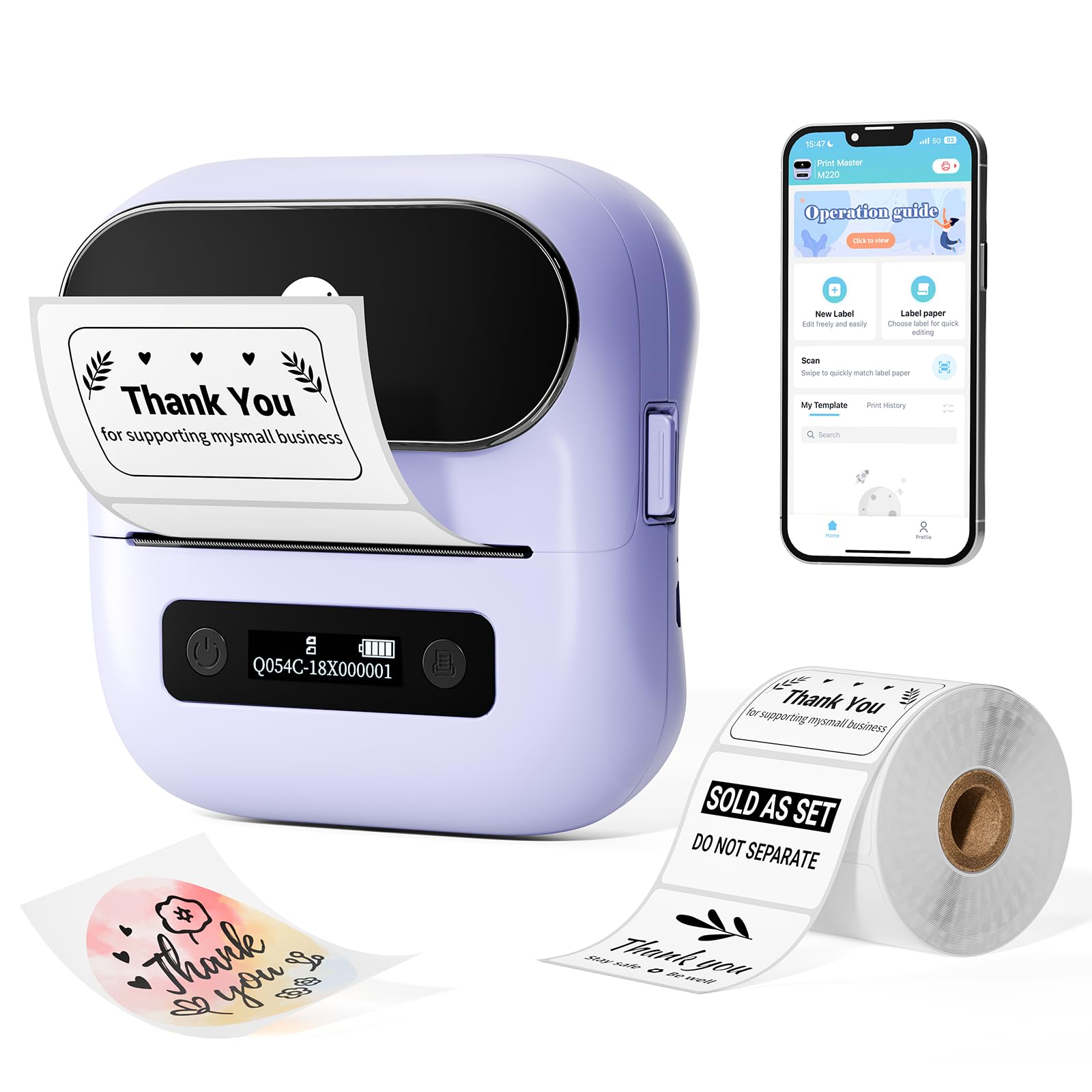Phomemo M220 Label Maker, Bluetooth Thermal Label Maker Machine for Barcode, Address, Home, Mailing, Small Business,Clothing, Portable Wireless Printer with 1 Rolls Label, Purple