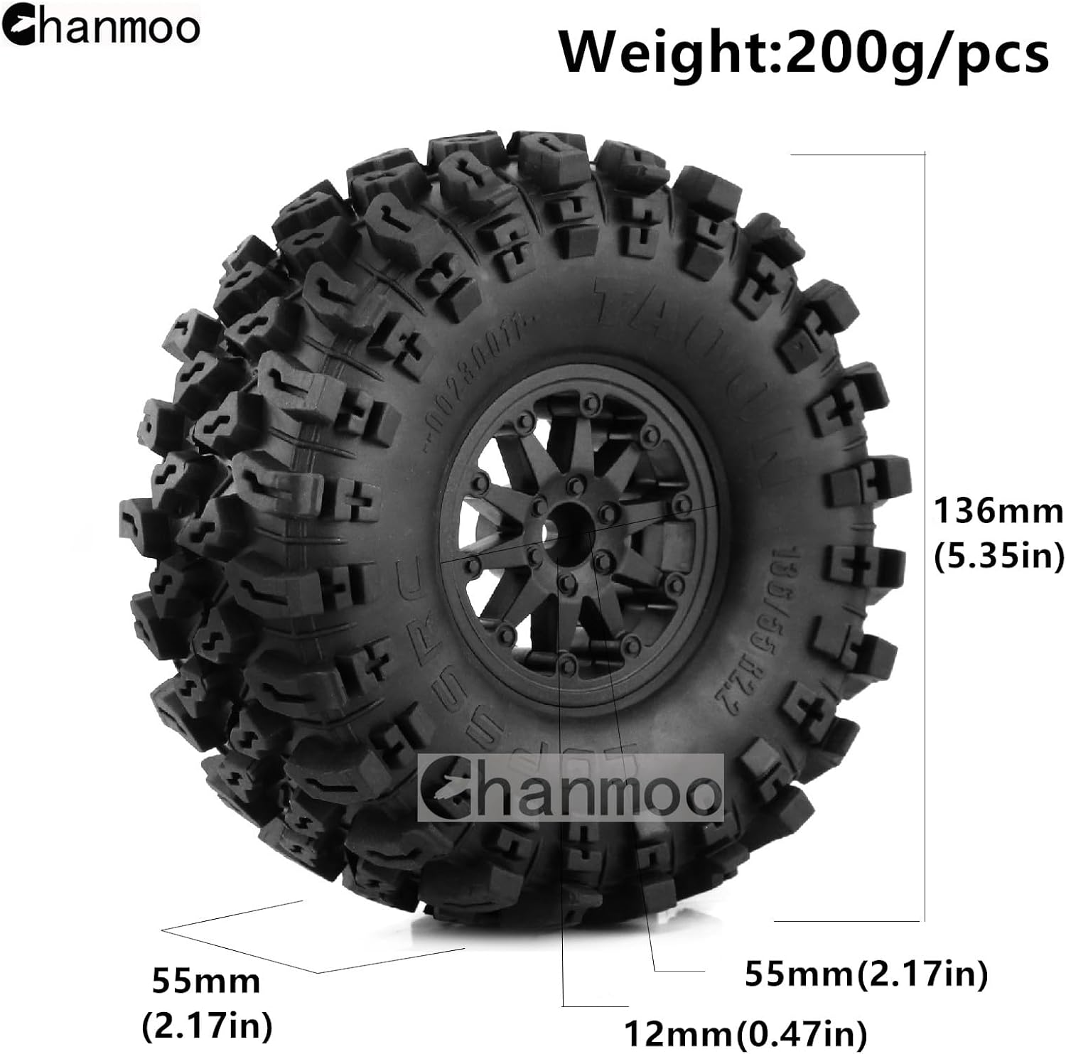 2.2 RC Crawler Tires And Wheels Beadlock Rims 1/10 RC Rubber Slingers Grappler Mud Tyres OD 136mm For 1:10 Rock Crawler Car Axial SCX10 90047 D90 TF2 Tamiya CC01 Traxxas TRX4 RGT 4PCS (Black)