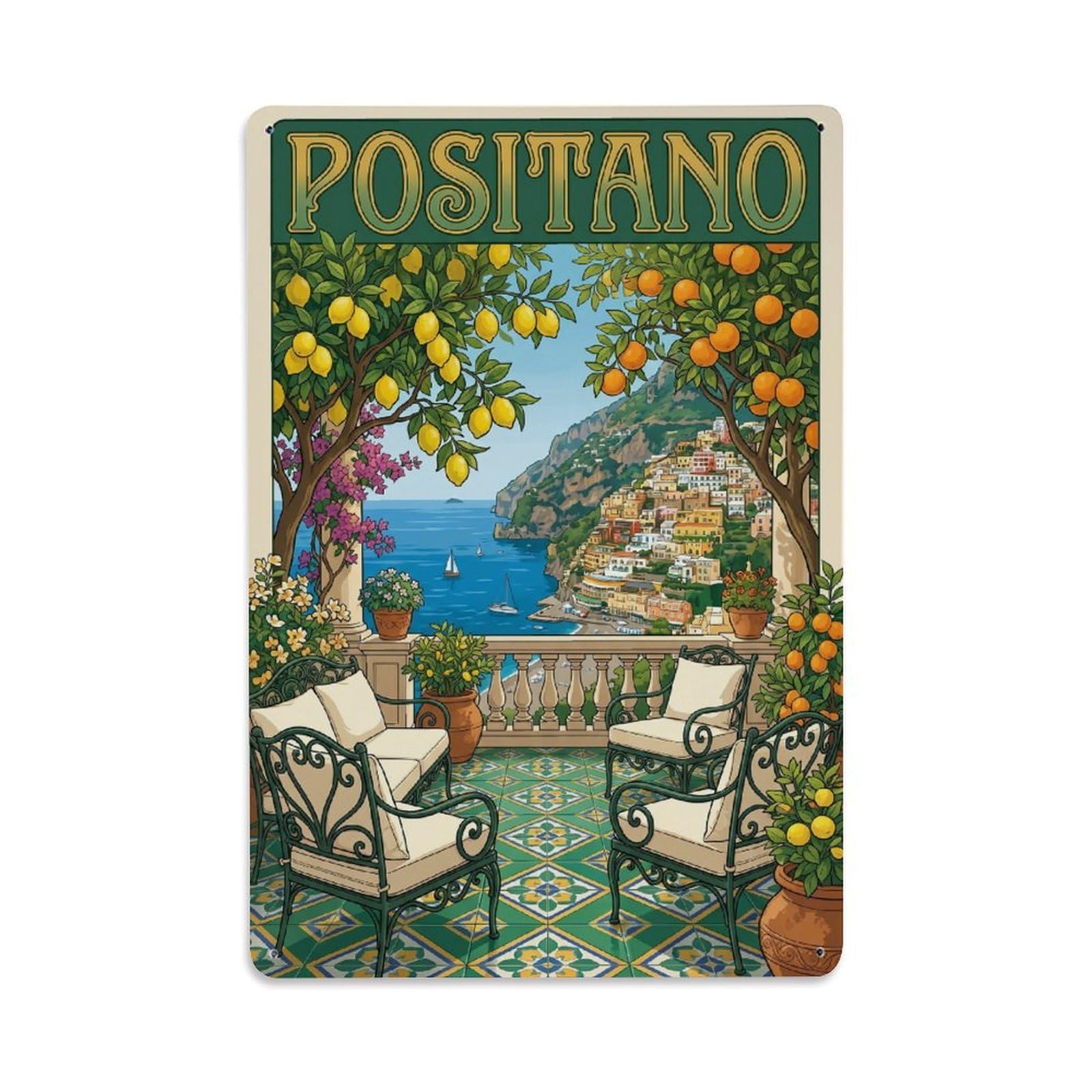 Vintage Travel Positano Italy Enchanting Metal Tin Sign Plaque Wall Decor for Cafe, Club Bar, Office, Garden Metal Poster 8x12Inch