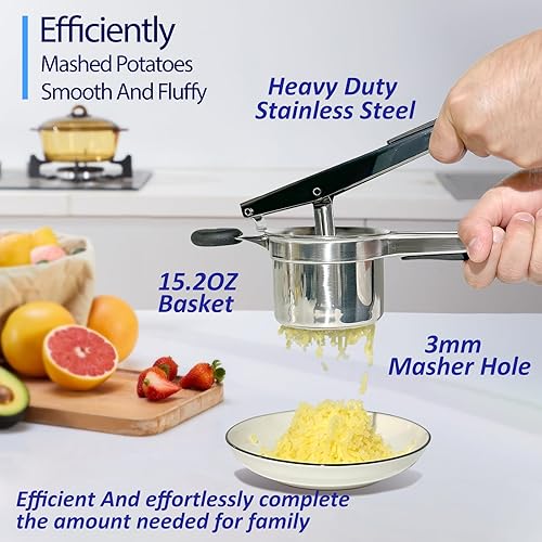 Miniatura 2 de Ricer de patatas, Ricer para puré de papas, 15.2 oz Heavy Duty Potato Ricer de acero inoxidable para hacer puré de papas esponjoso, triturador de