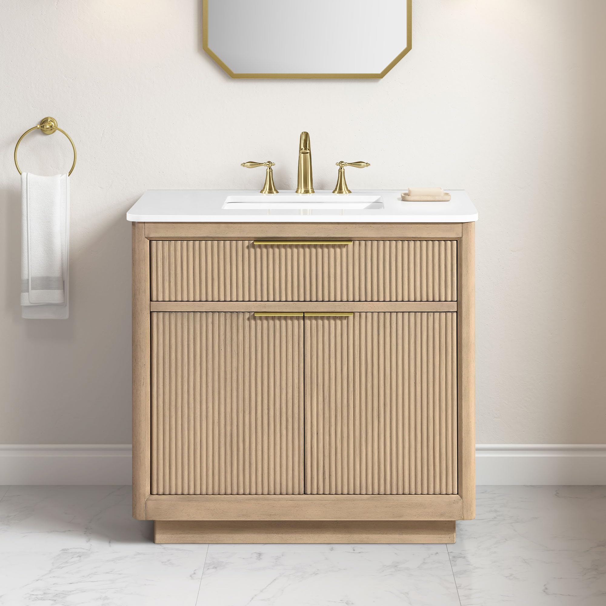 OVE Decors Xander 36" Sahara Birch Bathroom Vanity, Brushed Gold Hardware