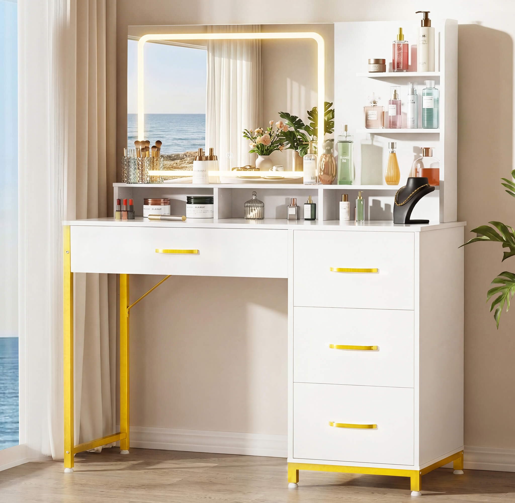 Photo 1 of ***SIMILAR ITEM***
COMHOMA Vanity Desk with Mirror and Lights, Makeup Vanity Table with 4 Drawers & Storage Shelves, Large HD Mirror, 3 Color Modes & Adjustable Brightness, Modern Dressing Table for Bedroom, Pearl White