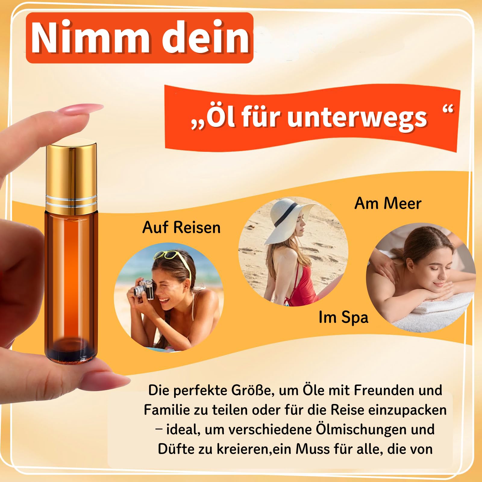 50 bottiglie Roll-On da 10 ml, in vetro ambra, ricaricabili, con sfera in acciaio inox, per oli essenziali, profumi e cosmetici, inclusi 5 tramoggia
