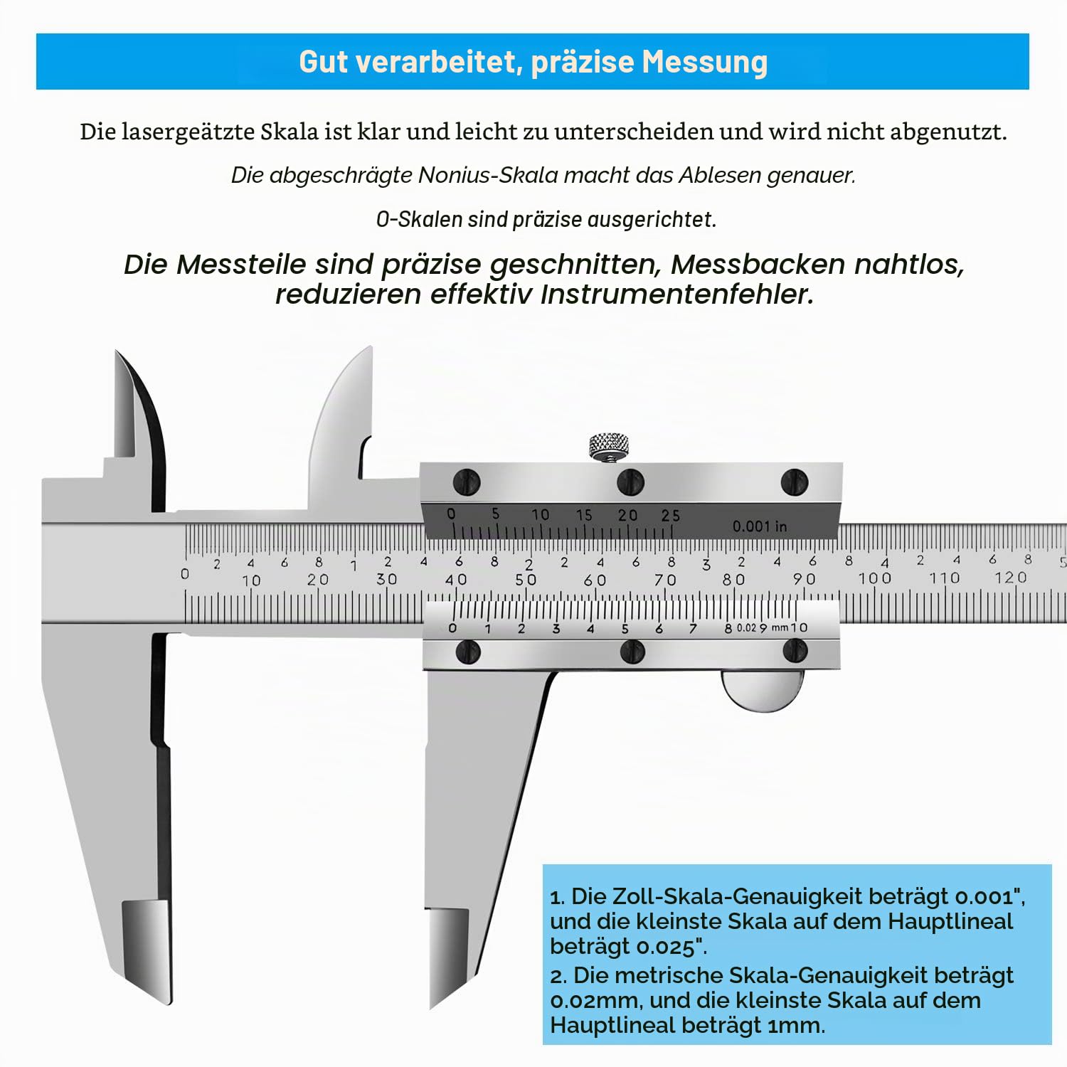 Mikrometer-Messschieber, 300 mm, Präzisionsmesswerkzeug aus Edelstahl (Zoll/metrisch), Tiefenmessung, Innen-/Außen-/Schrittmessung, 0,02 mm