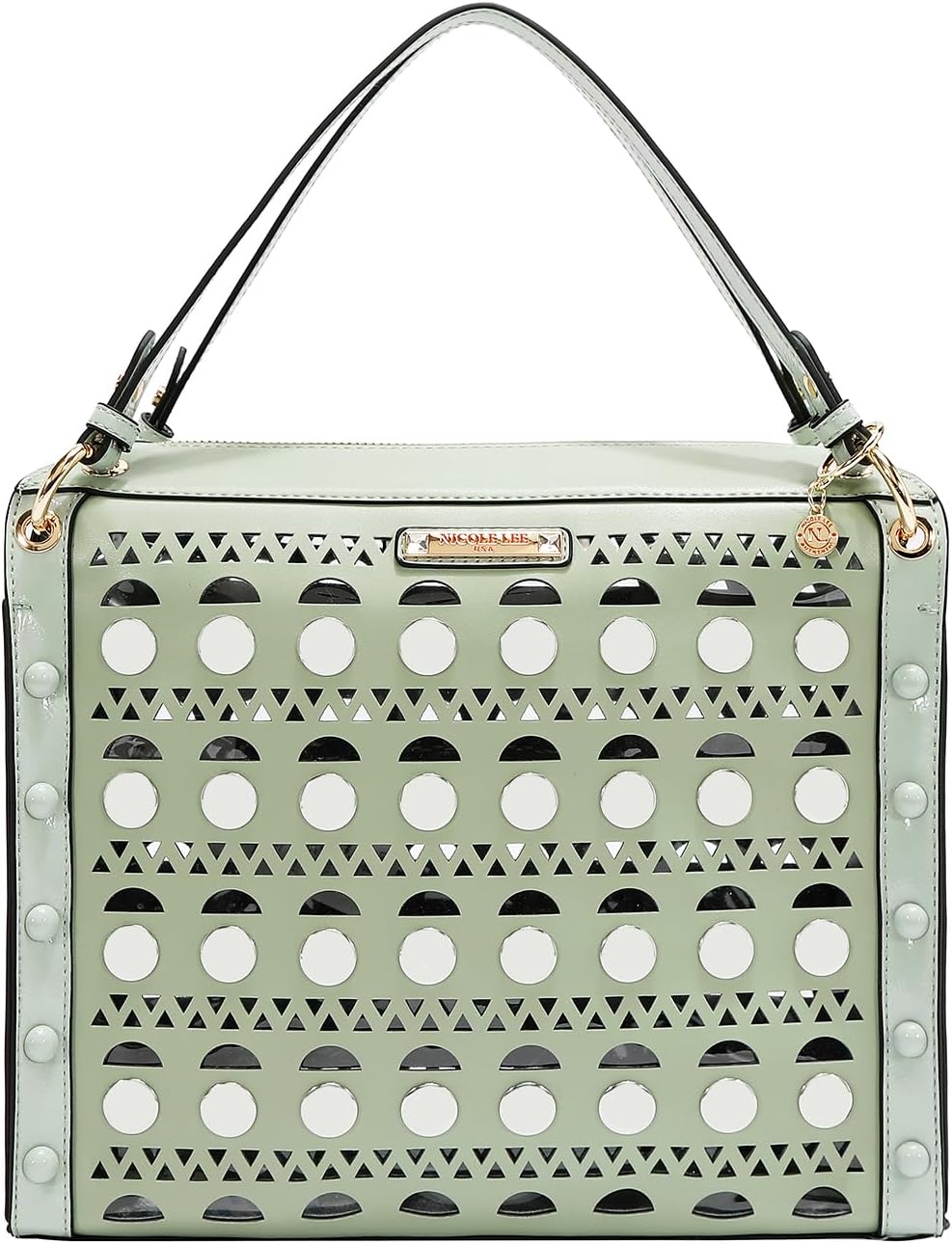 Nicole Lee Silver Pop Stud Satchel Bag, Pink, Vegan Leather, Geometric Perforations, Gold Studs