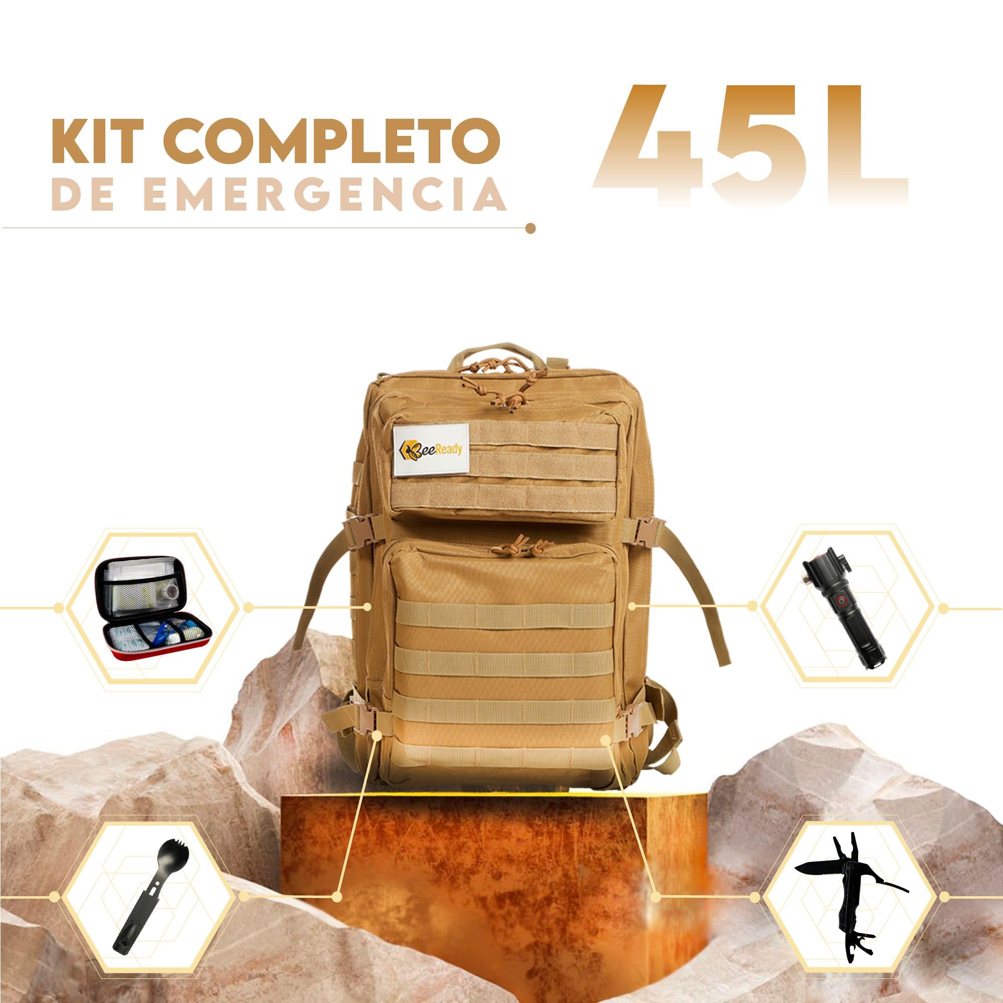 Kit Supervivencia Emergencia Completo – Mochila militar 45L, Linterna LED táctica, Botiquín de primeros auxilios, Cuchillo multiherramienta, Manta térmica– 25 piezas, 3 colores (Marrón)