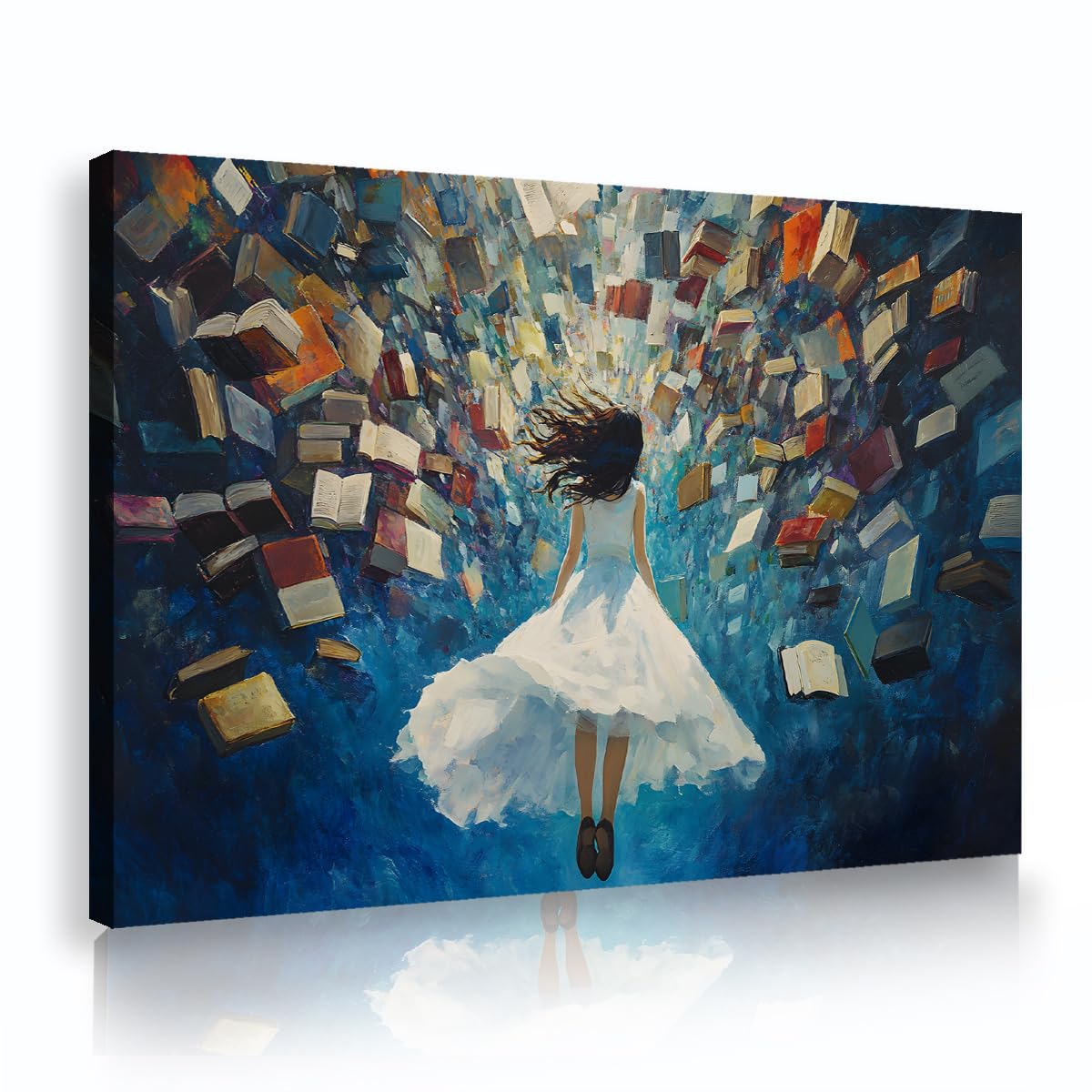 OSHIONARTE Libri fluttuanti in tela Illustrazioni murali Signora in abito bianco stampa ispiratrice di decorazioni murali per adolescenti soggiorno 80x120cm Telaio interno