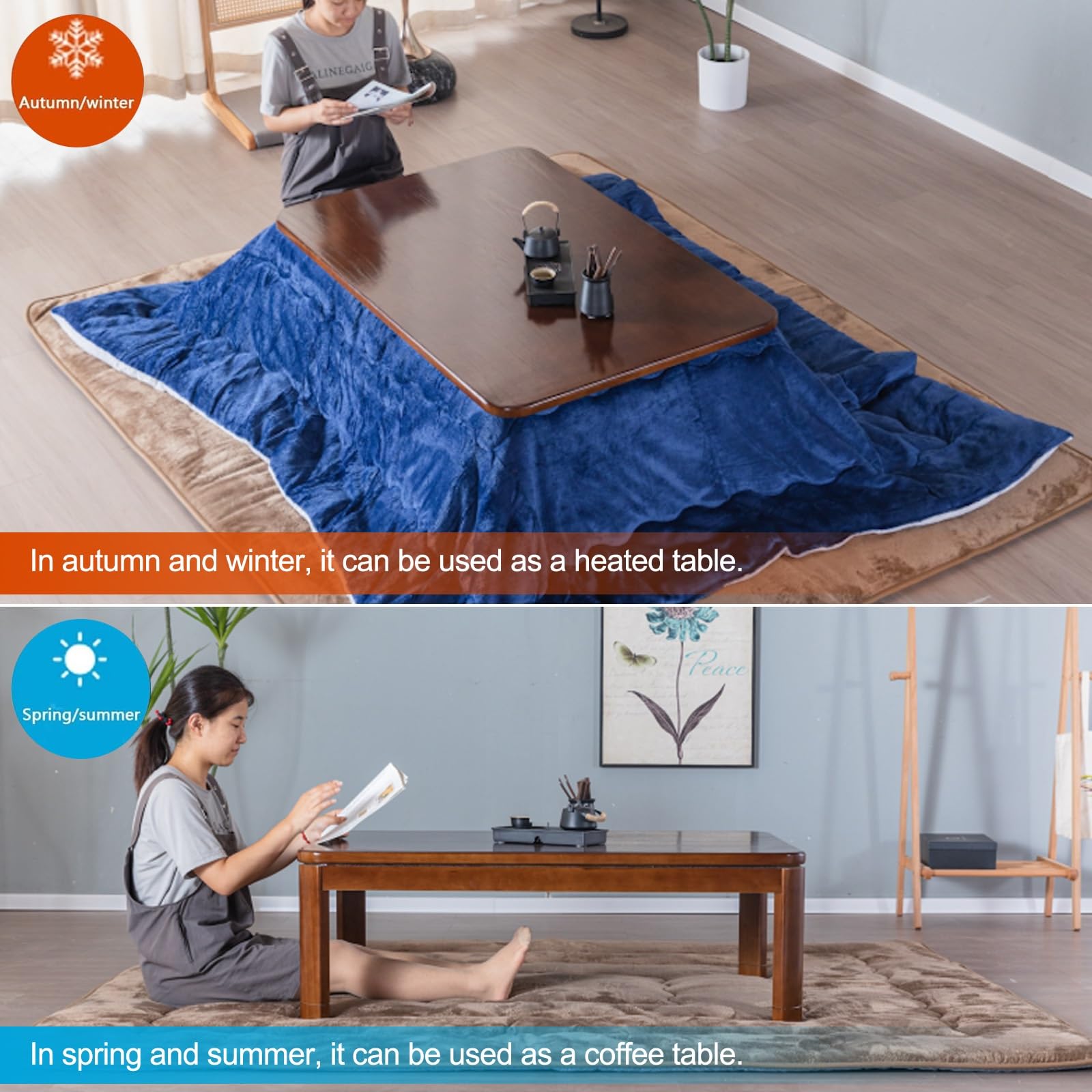 HARELA Kotatsu 4er-Set Wohnzimmerheizung Im Winter, mit Decke Teppich Heizung, Aus Massivholz Heiz-Kotatsu Im Wohnzimmer, Warmes Geschenk Für Die Familie(Gray B)