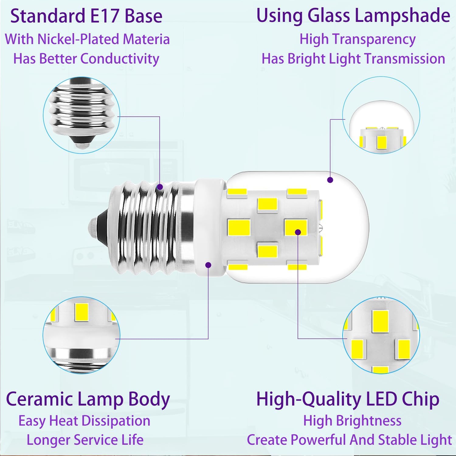 LED Microwave Light Bulb Dimmable，E17 Intermediate Base，120V，T7 Appliance Bulb，3W，Under Hood 40W Equivalent，400LM，for Range Hood，Refrigerator，Replace Under Microwave（2Pack 6000K Daylight White）