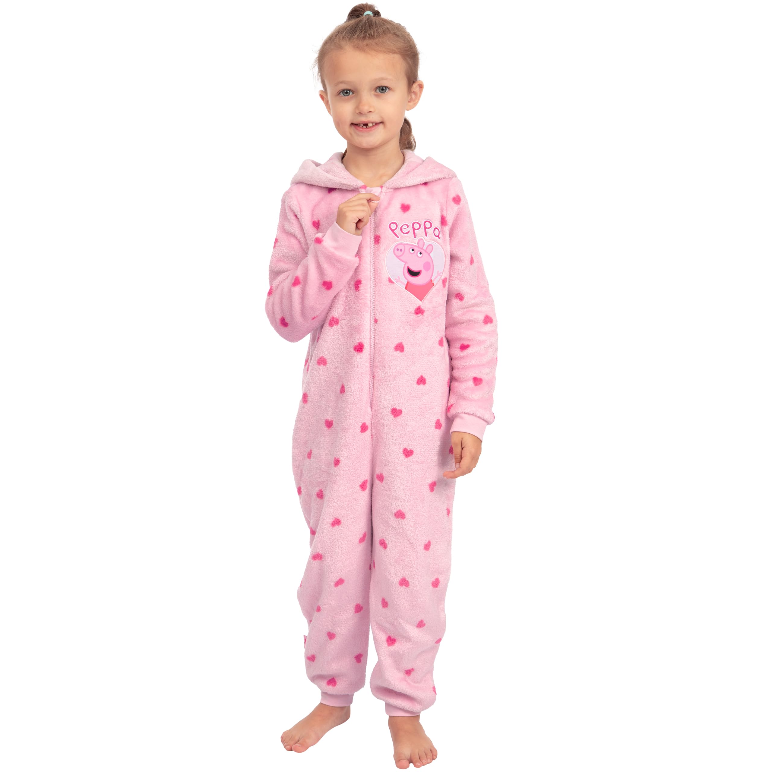 Peppa Pig Onesie Kinder, Fleece Onesie Mädchen mit 3D Ohren, Herzmuster Schlafoverall Kinder