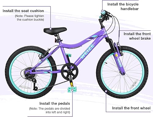 Miniatura 8 de WEIZE Bicicleta de montaña para niños de 20 y 24 pulgadas, bicicleta para niños de 6 a 14 años, bicicleta infantil de 6 velocidades con horquilla de
