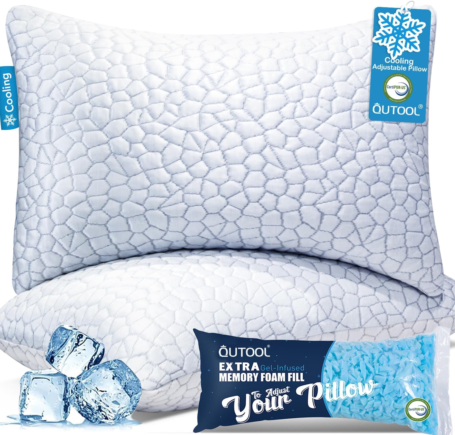 QUTOOL Cooling Pillow for Sleeping, CertiPUR-US Shredded Memory Foam King Pillows Set of 2, Cool Pillow for Hot Sleepers Adjustable Firm Pillow for Side, Back, Stomach Sleepers Soft Yet Support, White