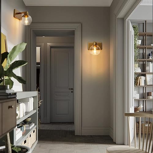 Miniatura 7 de Juego de 2 apliques de baño de latón cepillado, juego de dos apliques de pared dorados, lámpara de tocador de baño con pantalla de vidrio