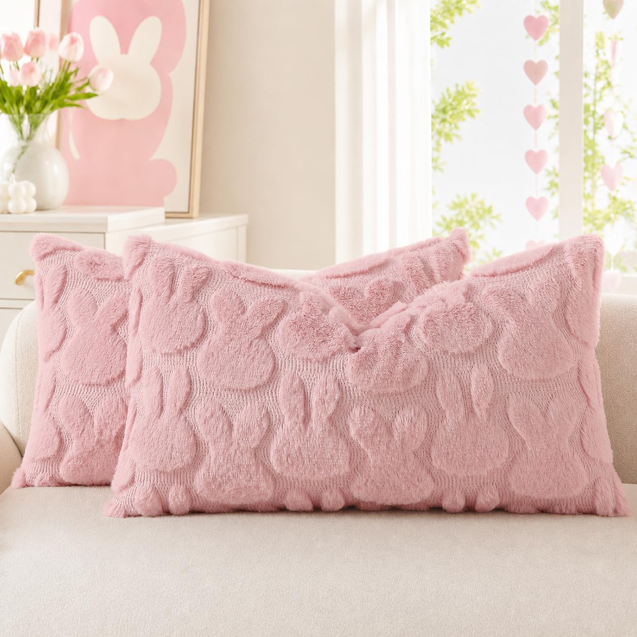 decorUhome Pink Faux Fur Bunny Throw Pillow Covers 12x20 Set of 2