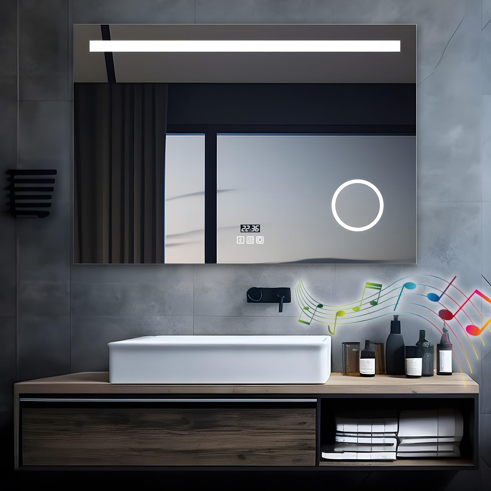 MIQU Specchio da bagno a LED con illuminazione, 100 x 70 cm, specchio 1000 x 700 mm grande con presa di corrente, orologio, Bluetooth, Touch, dimmerabile caldo/bianco senza appannamento, ingrandimento