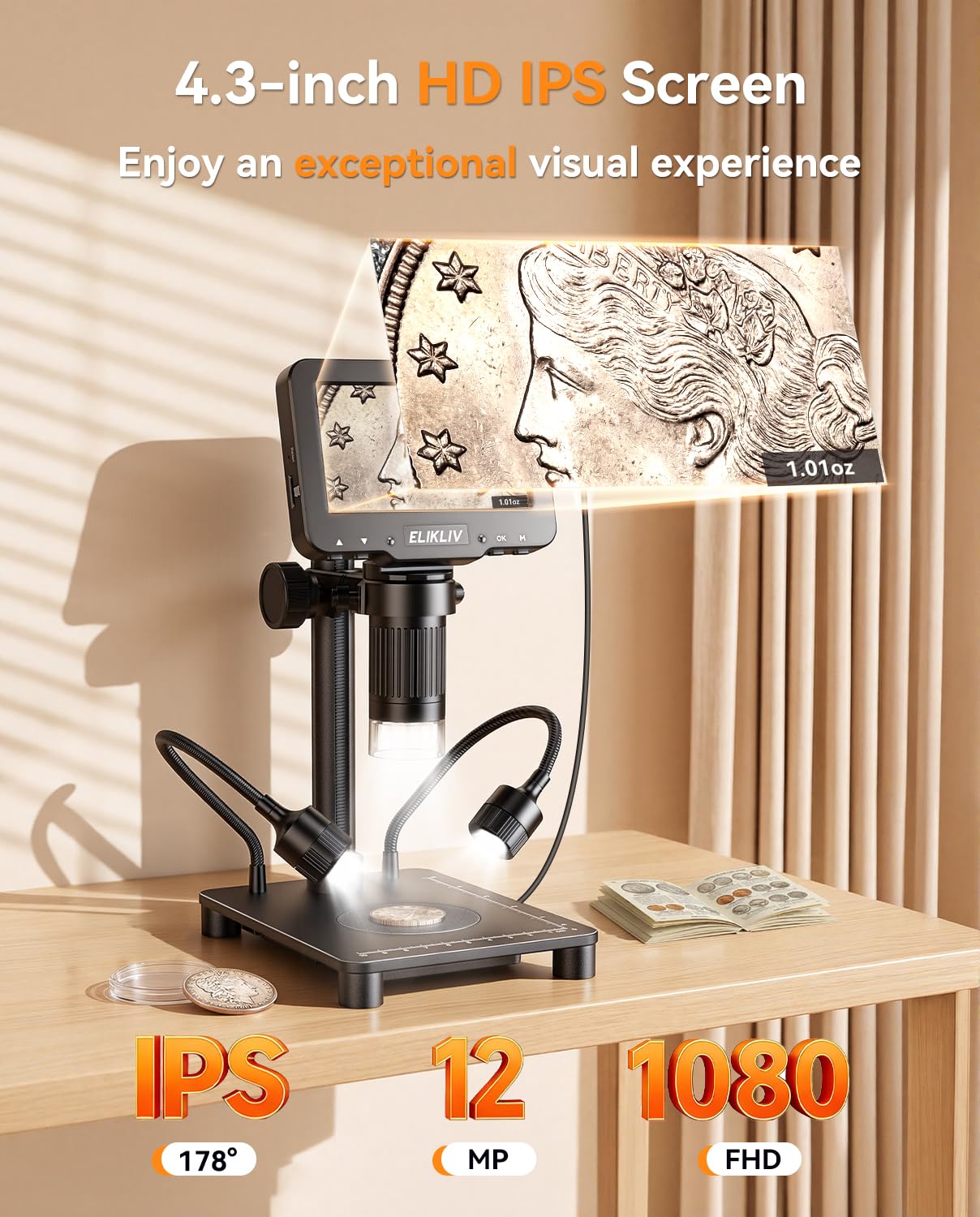 Elikliv Microscopio con bilancia di pesata, lente d'ingrandimento digitale per monete di errore, lente d'ingrandimento per gioielli con luci, schermo LCD da 4,3 pollici, fotocamera da 12 MP, video USB
