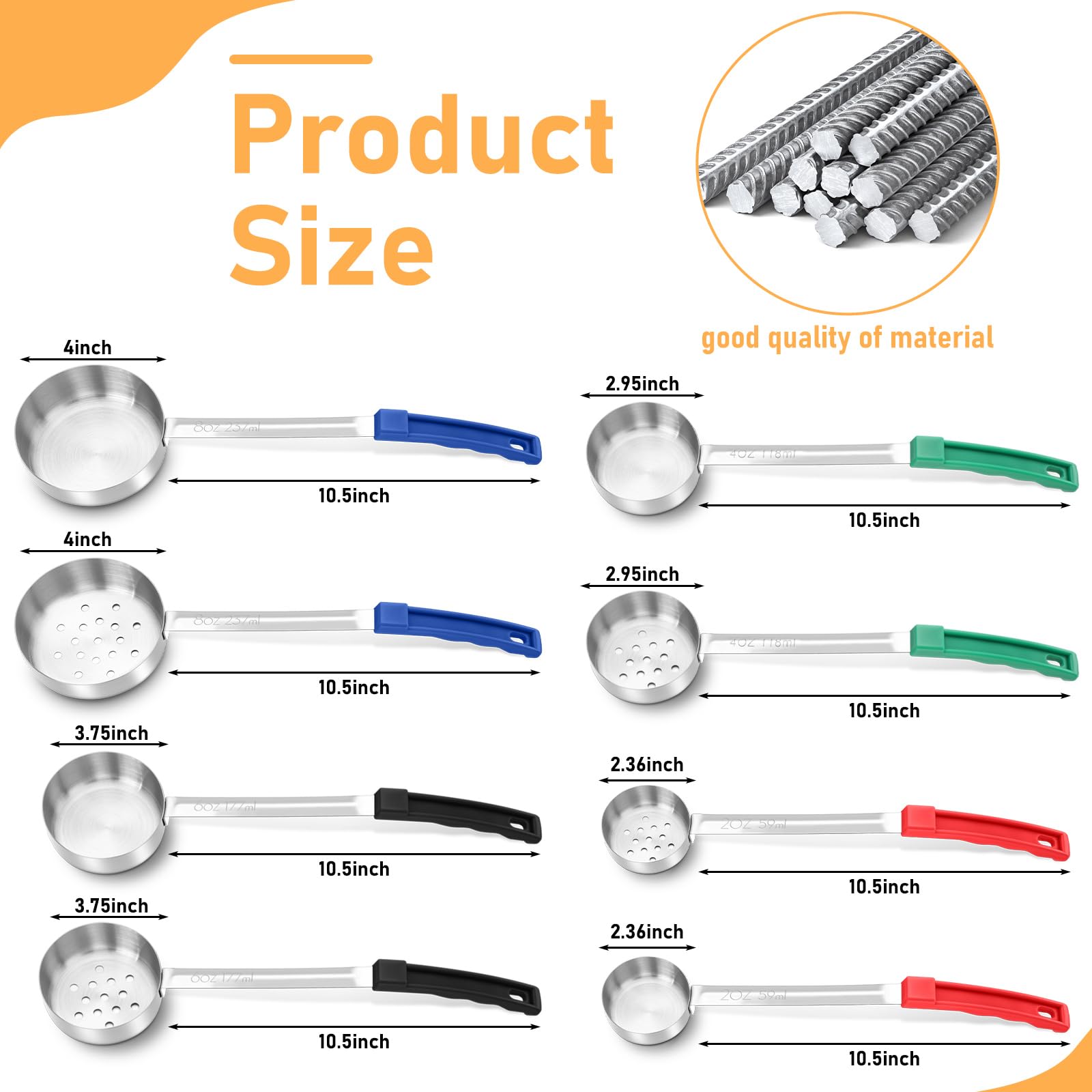 Teenyyou 16 Pcs Portion Control Serving Spoons, Restaurant Measuring Serving Ladle Utensils, Portion Control Slotted Scoops for Weight Loss, Solid and Perforated Scoops(4 Colors,4 Sizes)