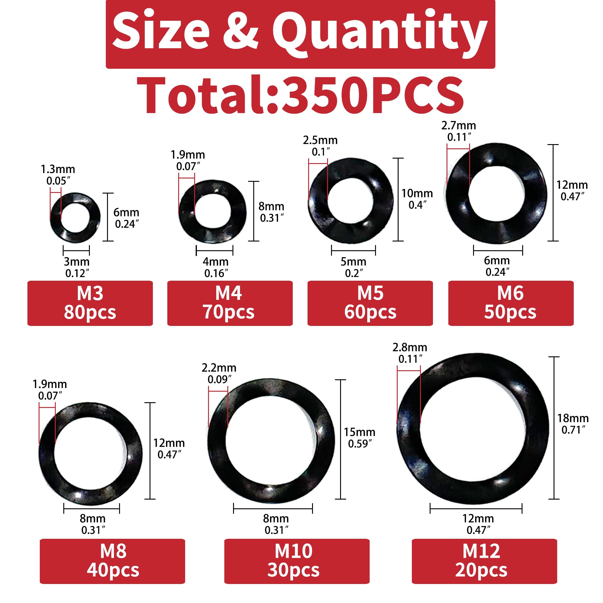 350pcs Spring Wave Washer Gasket Assortment Kit, M3 M4 M5 M6 M8 M10 M12 Wavy Wave Crinkle Spring Washers Sets, High Carbon Steel Wave Spring Washer for Screw Bolt