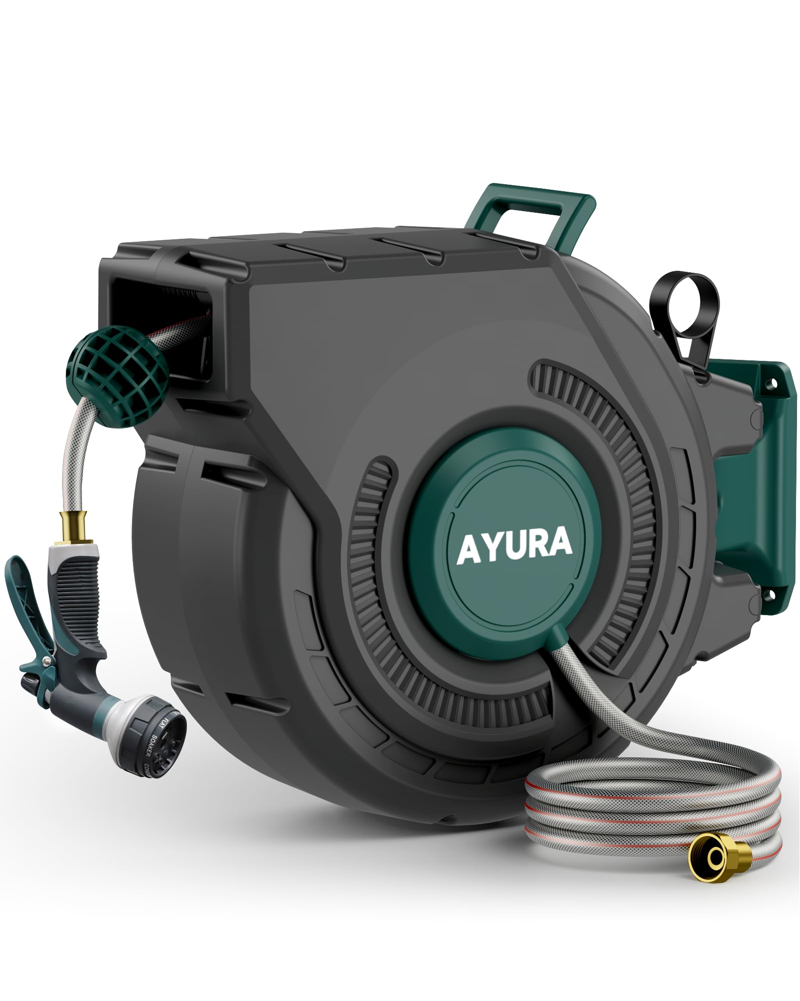 SIMILAR TO…AYURA Retractable Garden Hose Reel 100 ft x 1/2 inch with Pro Metal Shaft, Heavy Duty Automatic Garden Hose Reels with Kink-Free Rewind and Lock at Any Length, Wall Mount Water Hose Reel for Outside