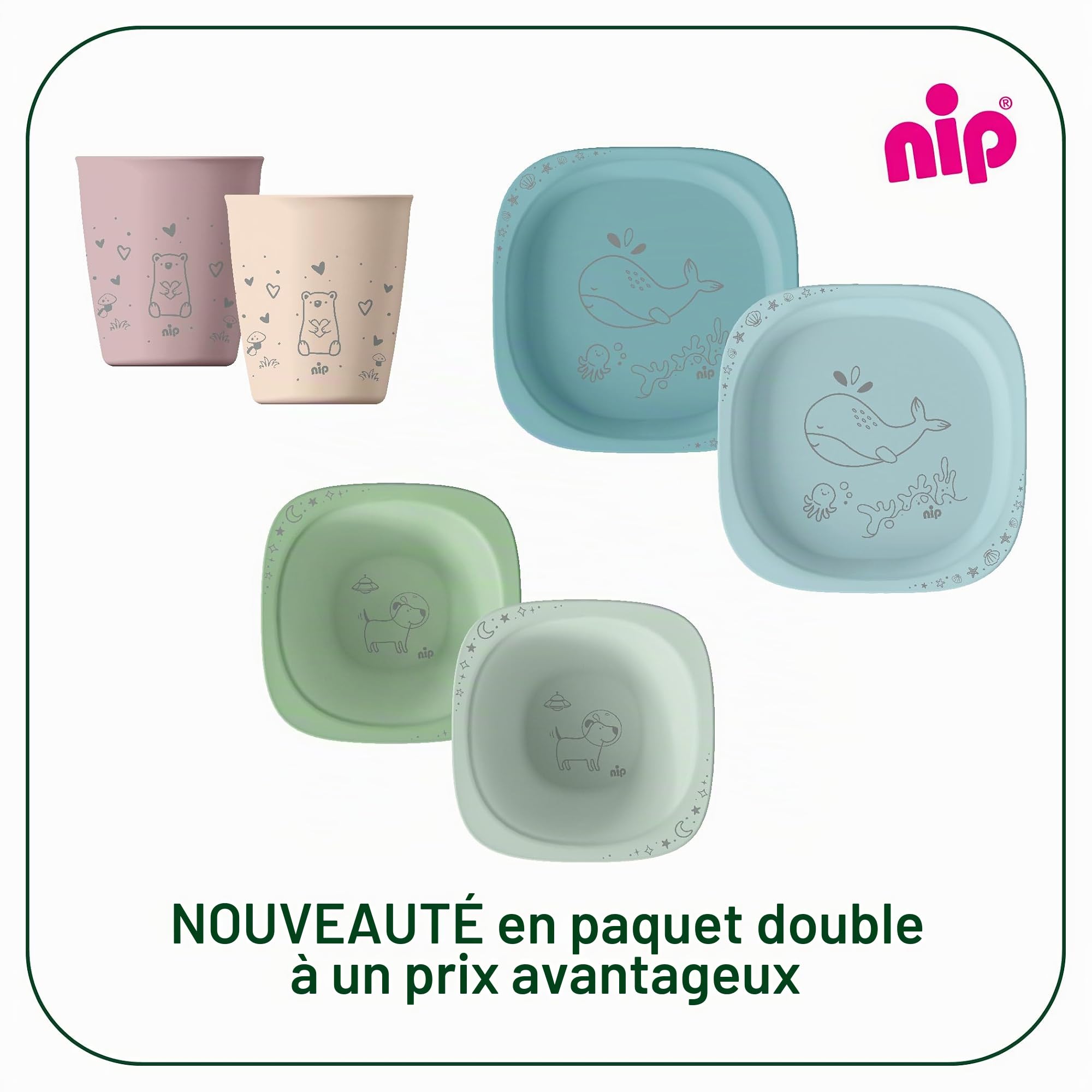 nip Green Öko Lot de 2 gobelets pour bébé et enfant à partir de 1 an, incassables, passent au micro-ondes et au lave-vaisselle, sans BPA, sans mélamine, durables, motif animal, vert clair