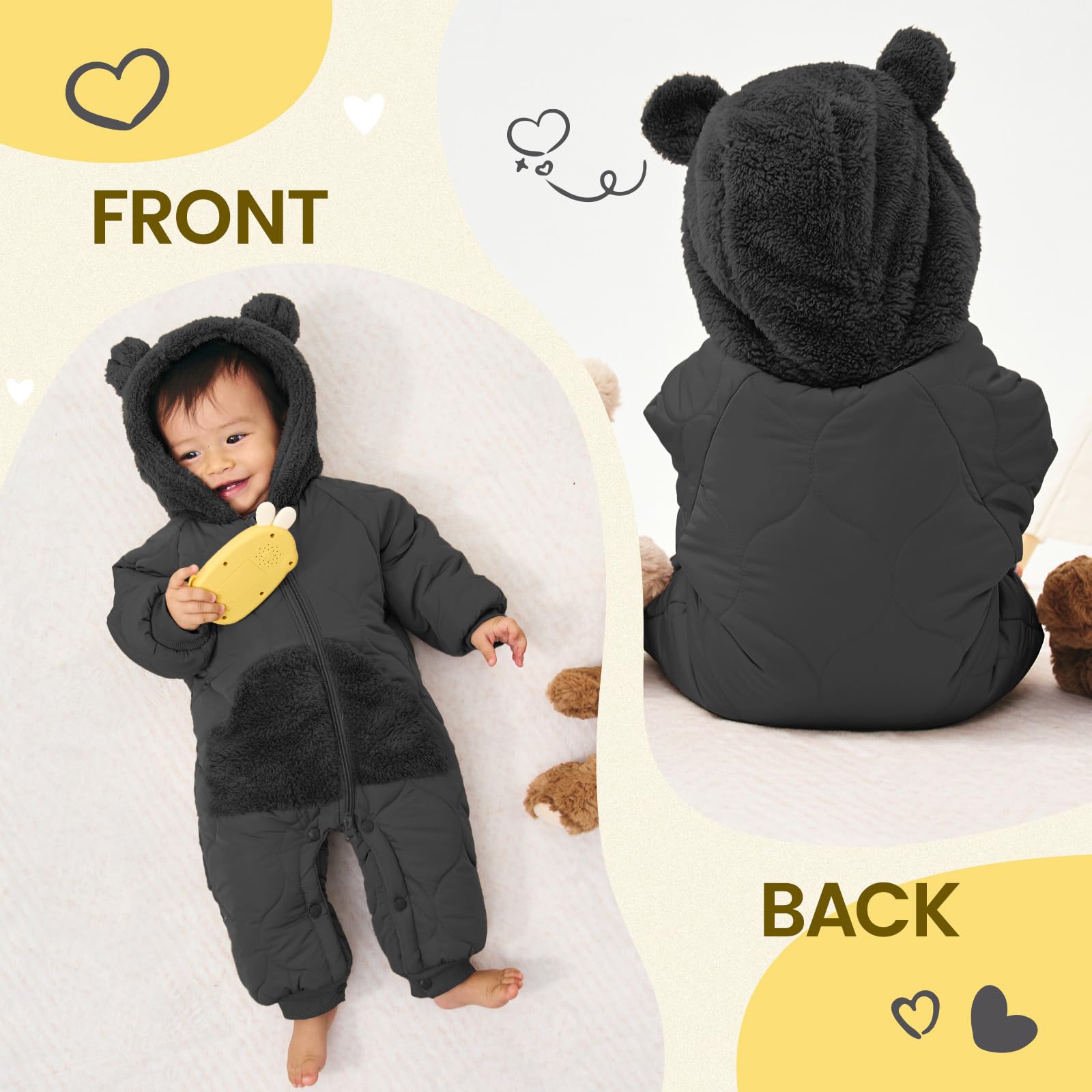 JiAmy Combinaison de neige d'hiver en polaire pour bébé – Grenouillère à capuche avec pieds – 3-24 mois