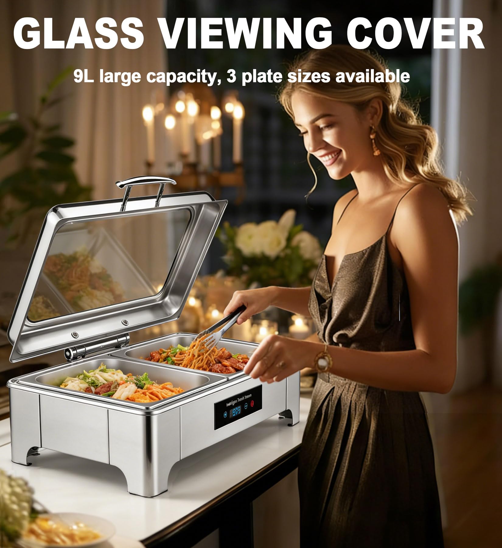Chafing Dish Elettrico, 9L Scaldavivande Elettrico per Buffet con Coperchio in Vetro, Commerciale Contenitore Scalda Cibo Temperatura Regolabile 35-90°C per Buffet, Feste e Banchetti (GN1/3)