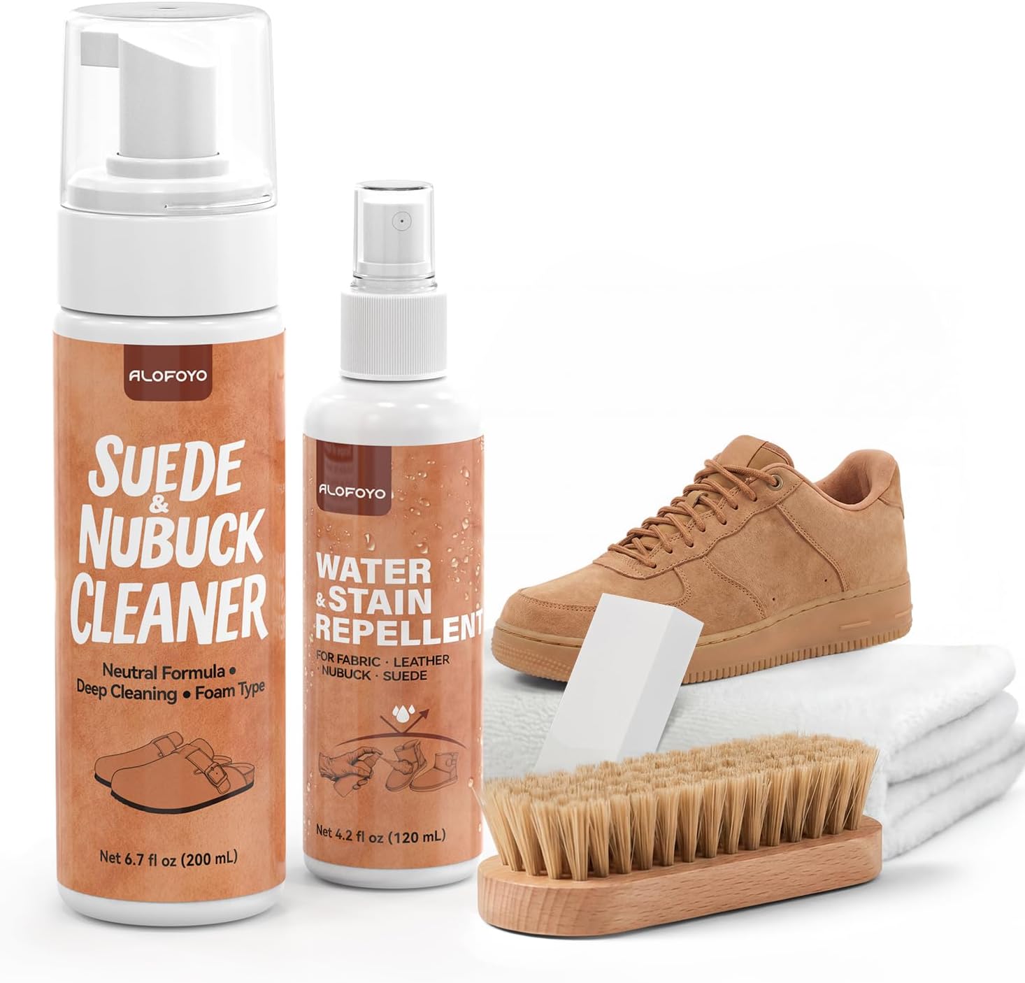 Suede Shoe Cleaner Kit for Sneakers, 5-in-1 Foam Shoe Cleaner and Spray Protector with Shoe Brush, Eraser & Towel, Effective for Suede Shoes, Birkenstock, Nubuck, Bags, Jackets, Hat, Couch