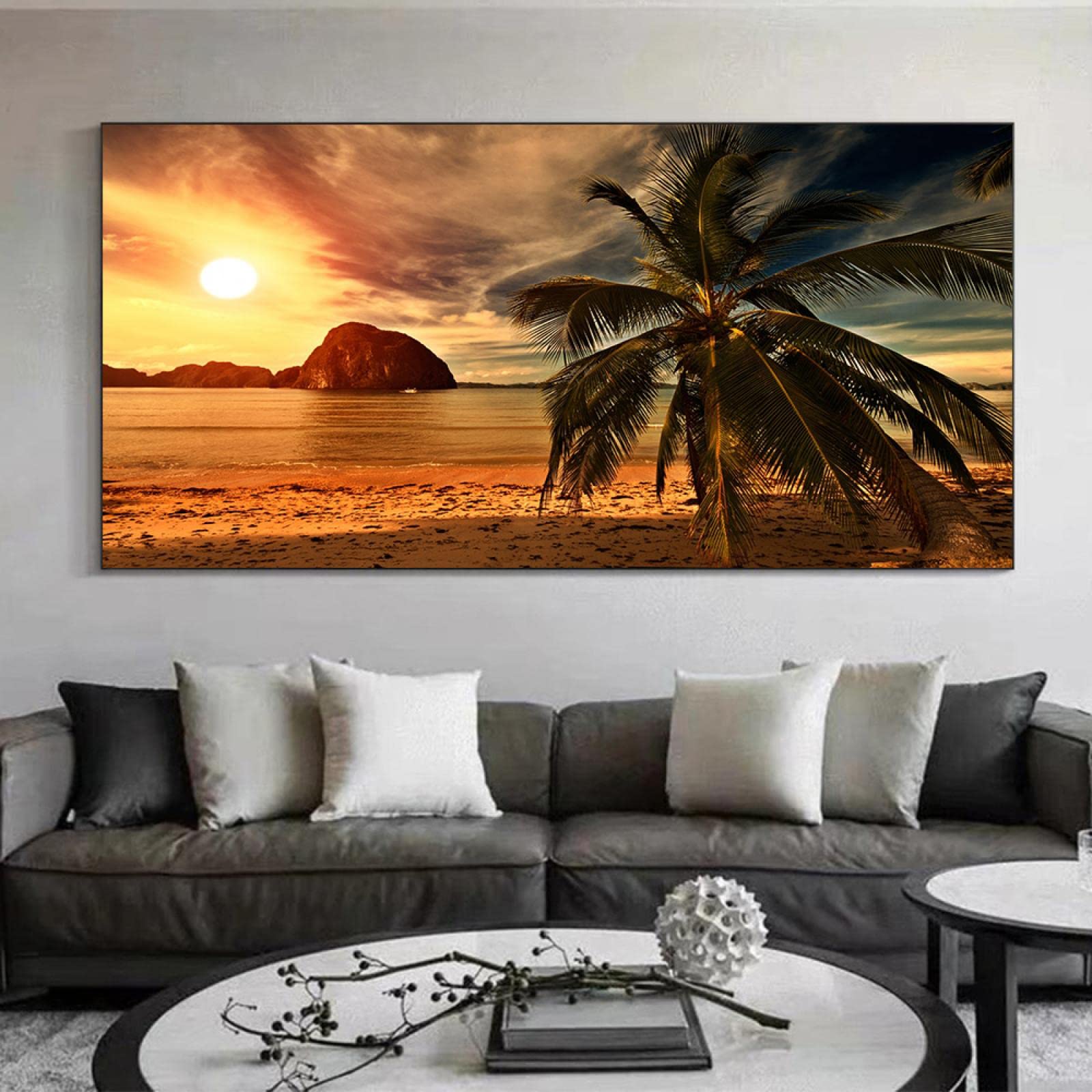 Coucher De Soleil Sur La Plage Avec Peinture De Palmiers