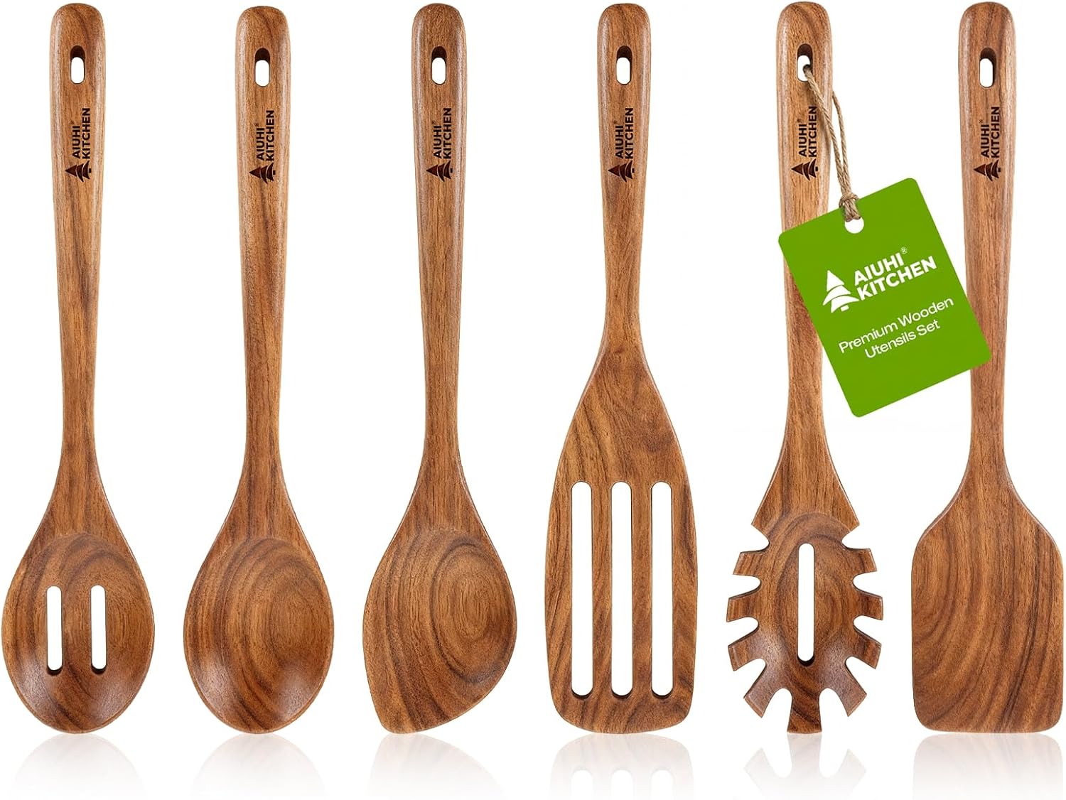 AIUHI Wooden Utensils Set of 6, Teak Wood Kitchen Utensils Set for Non-stick Cookware, Non-Toxic Wooden Spoons for Cooking-Durable, Comfortable Grip & Heat Resistant AIUHI Wooden Utensils Set of 6, Teak Wood Kitchen Utensils Set for Non-stick Cookware, Non-Toxic Wooden Spoons for Cooking-Durable, Comfortable Grip & Heat Resistant
