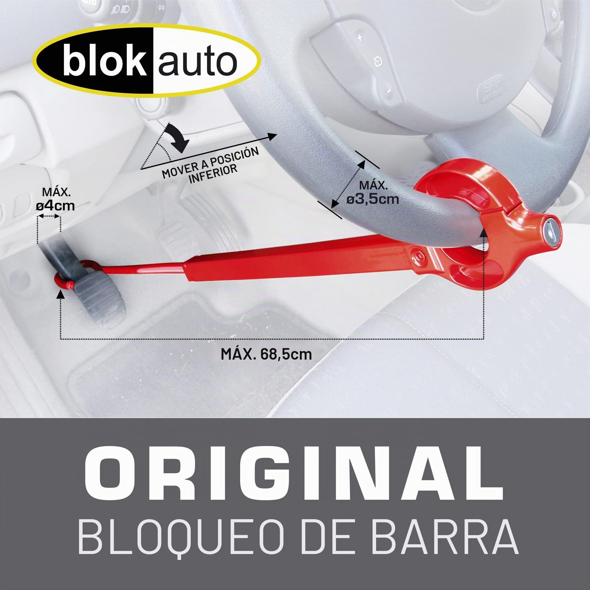 571/B Barra Antirrobo Coche Volante Pedal Original, Rojo Visible Más Disuasorio, Cierre Seguridad Basculante, Bloqueo Inmovilizador Antirobo Freno Embrague para Auto, Furgoneta, Caravana