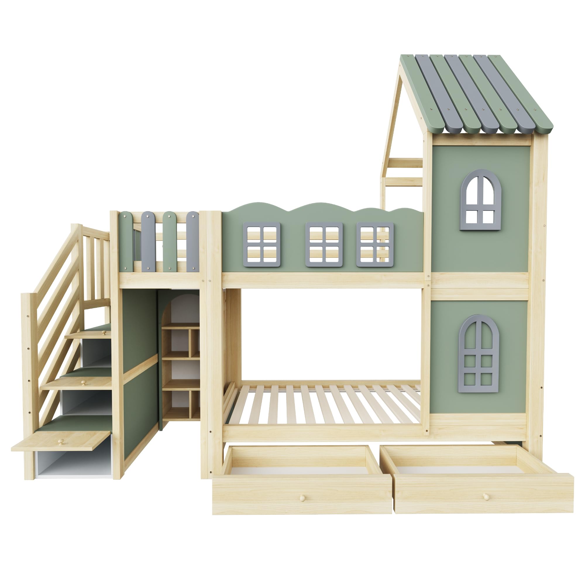 Kinder-Etagenbett 90 x 200 cm, Mit Bettgitter in Wolkenform, Dachkonstruktion Mit Fenstern, Stauraumleiter, Regalen und Schubladen, Kinderbett aus Holz, Bett für Jungen und Mädchen, Doppelbett(Grün)