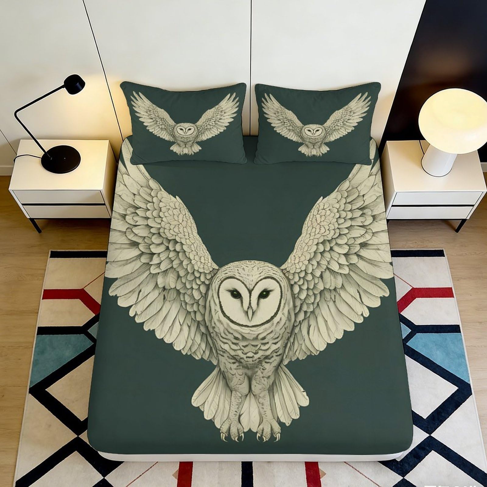 3D Printed Owl Pattern Fitted Sheet Microfiber Soft Durable 3D Printed Flying Owl Bed Cover for Bedroom Dormitory Guest Room Mattress Protection 120x200x25cm